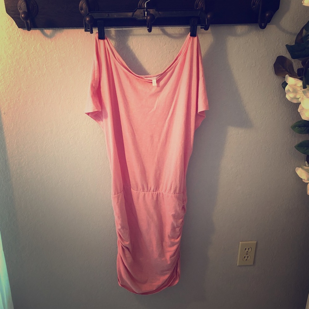Soft blush off the shoulder dress